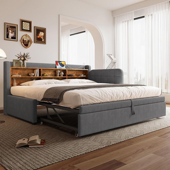 Canapé‑lit gigogne 90x200 cm – lit double 180x200 tête de lit gris avec USB & Type‑C lin + MDF