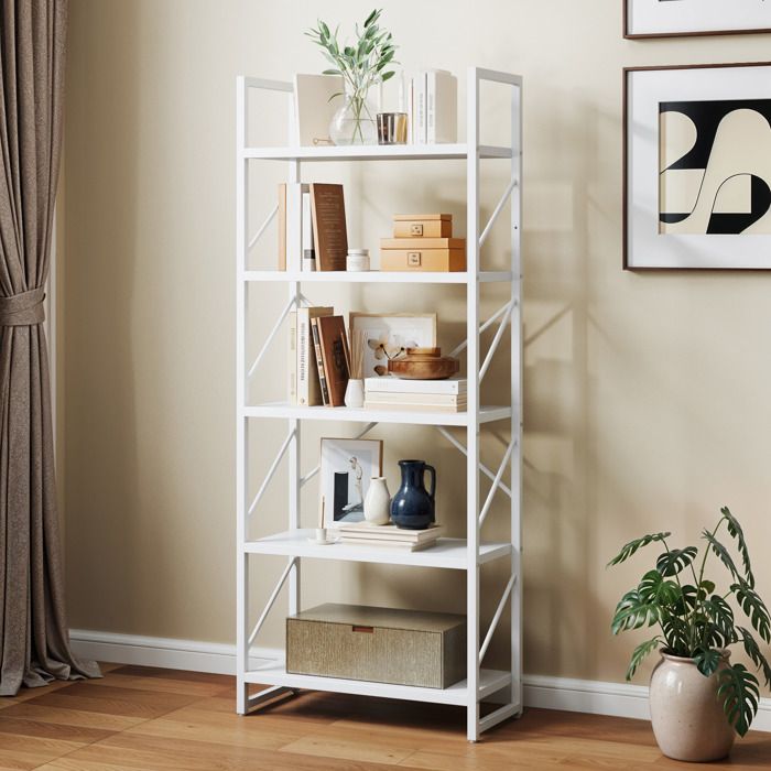Bibliothèque à 5 niveaux YITAHOME étagère haute avec structure en métal blanc pur