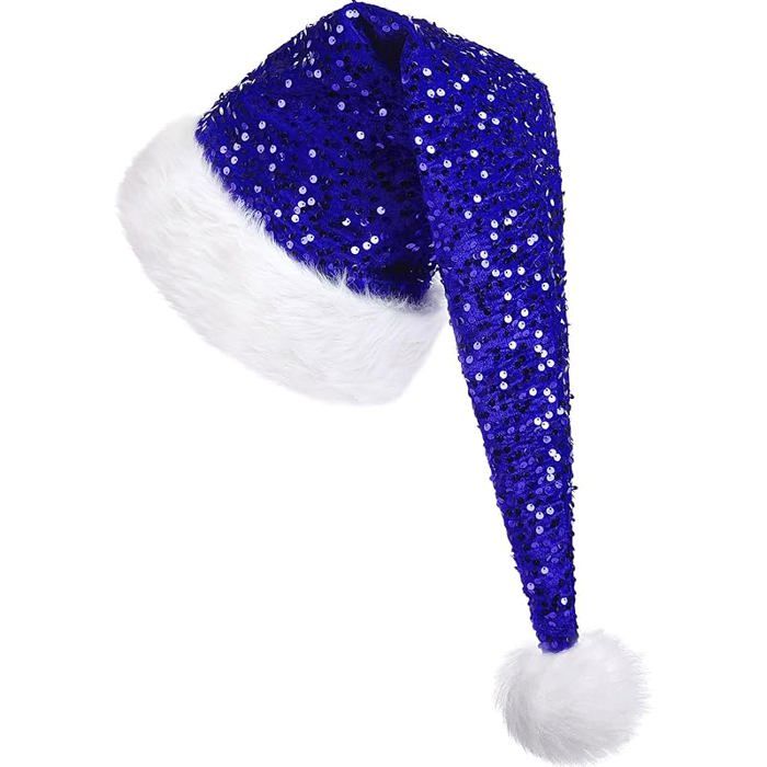Diogeynu Bonnet de Père Noël adulte avec paillettes en peluche épaisse pour les vacances, doublure confortable, symbole de Noël, Nouvel An avec bord blanc