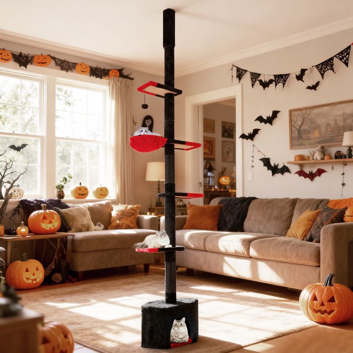 Meilleurs prix pour Arbre à Chat Multi-Niveaux du Sol au Plafond COSTWAY Hauteur Réglable 245-300 CM Condo Hamac Poteaux à Griffer en Sisal Balle