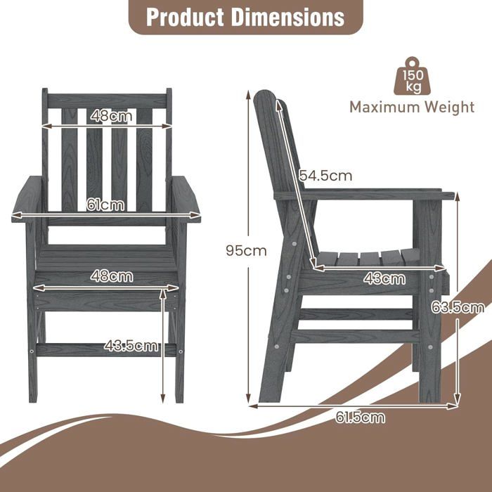 GIANTEX Fauteuil de Jardin en HDPE avec Design à Lattes Finition Effet Bois avec Accoudoirs Dossier Inclinable Charge 150 kg Gris