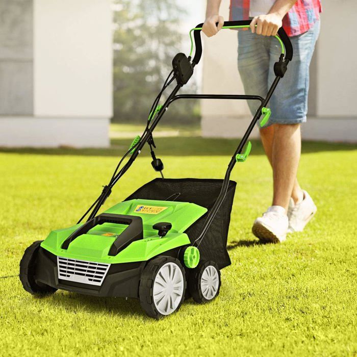GIANTEX Scarificateur Électrique 2 en 1-45L Sac de Collecte-Aérateur de Pelouse-Hauteur Réglable à 5 Niveaux-Poignée Pliable Vert