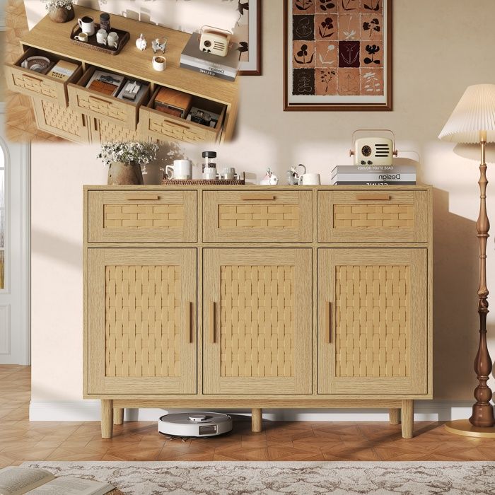 Buffet en Rotin Armoire de Cuisine avec 3 Portes et 3 Tiroirs Meuble de Rangement Moderne Buffet Salon 107 9x40x80cm Chêne