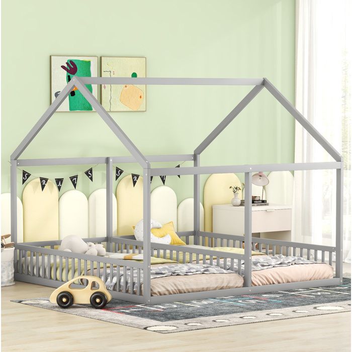 Lit enfant double gris 90×200 cm avec 2 couchages barrières centrales style cabane montage nécessaire