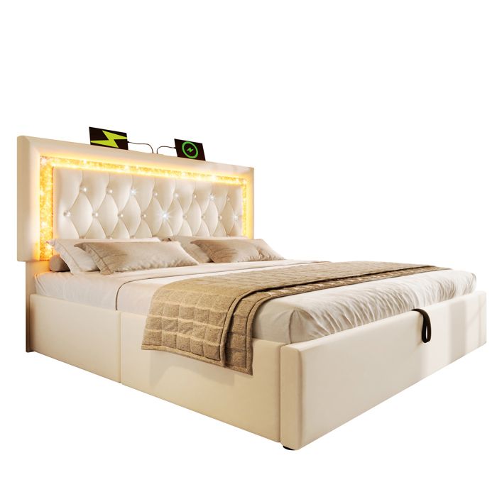 Lit Coffre 160x200 Cm - LED Diamant Et USB - Tête Capitonnée - Rangement Hydraulique -Velours -Beige