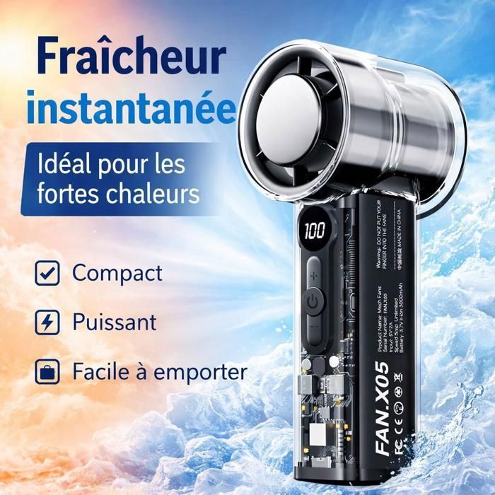 Ventilateur portable rechargeable avec fonction refroidissante écran digital 3 vitesses transparent – Noir - Michlo