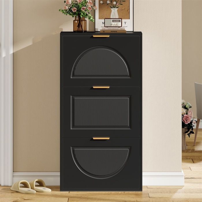 Meuble à Chaussures – 3 Abattants – Commode à Chaussures Étroite et Compacte pour Entrée et Couloir – Pieds en Bois – Noir