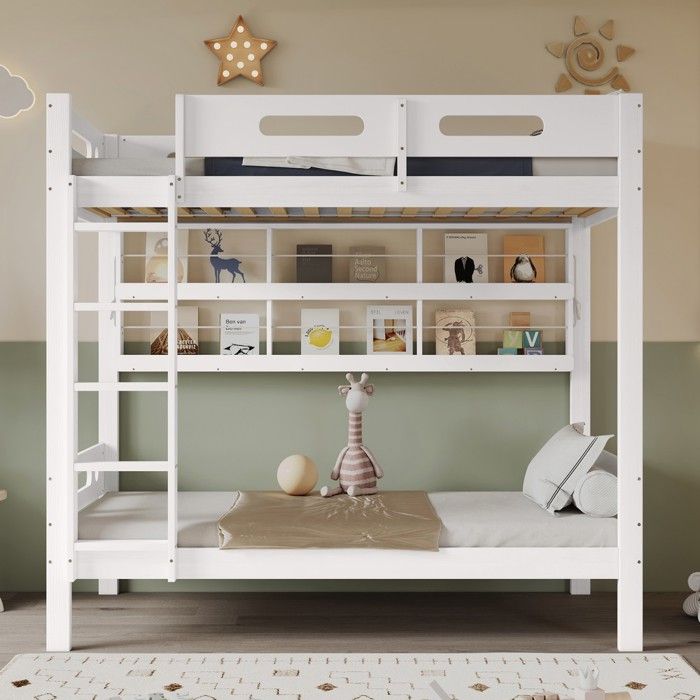 Lit superposé 90x200cm barrières étagère échelle 5 marches pin MDF blanc