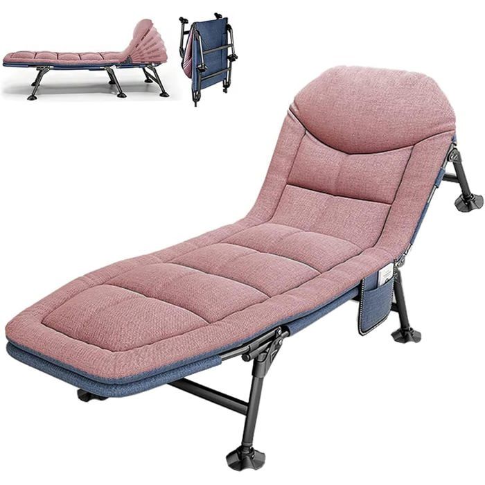 Chaise longue de jardin pliante 2 en 1 Dossier réglable 5 positions pieds antidérapants 190x67x38 cm Rose lit de camp