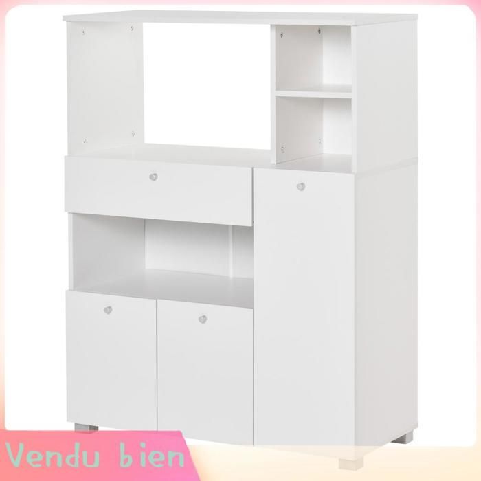 LIA Meuble micro-onde 2 placards 4 niches tiroir coulissant bois blanc 90x40x120cm
