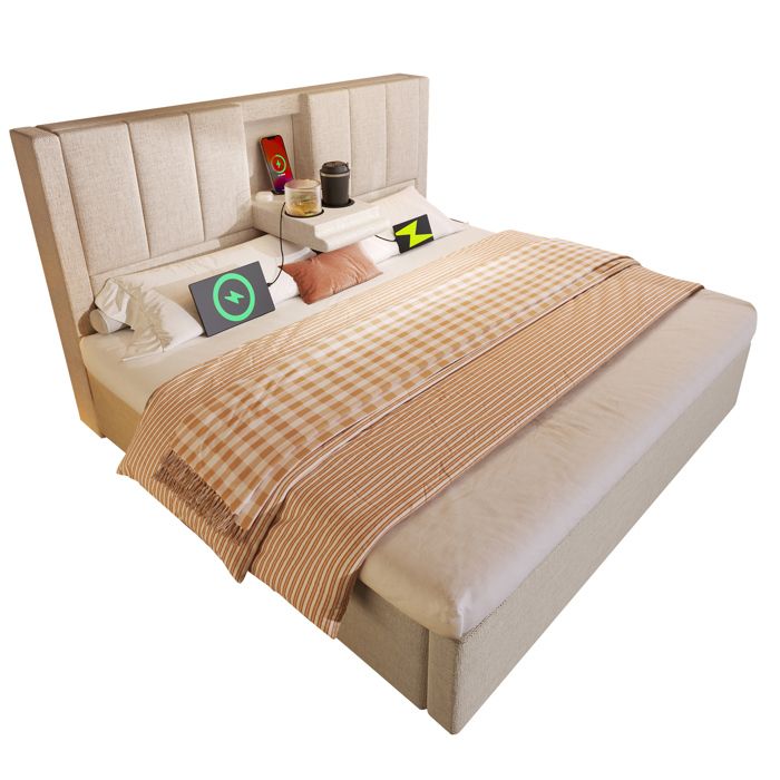 Lit double 140x200 cm en tissu beige avec coffre de rangement porte-gobelet dissimulé et lattenrost inclus