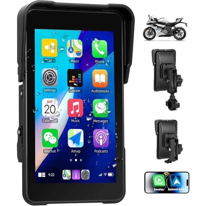5 Autoradio moto vertical CarPlay/Android Auto sans fil IP68 double Bluetooth GPS Siri Google Assistant support câble