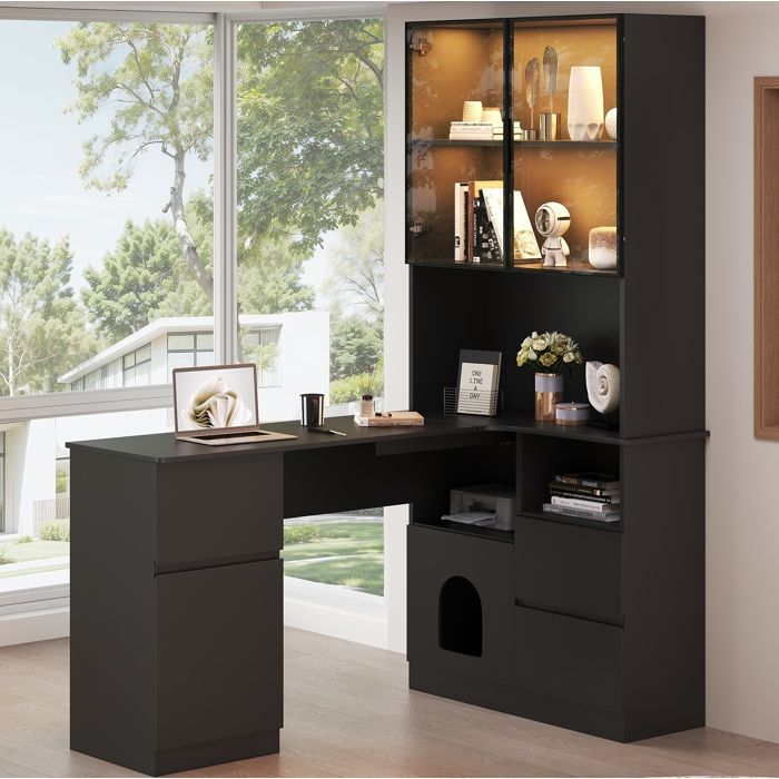 Bureau d’angle 120 x 80 x 180 cm avec vitrine LED 7 couleurs rangements intégrés et passe-câbles noir
