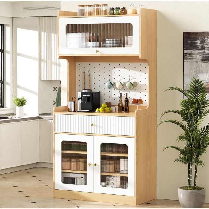 COVREO Buffet de cuisine haut 80 x 40 x 180 cm avec LED verre nervuré 1 tiroir étagères réglables naturel et blanc