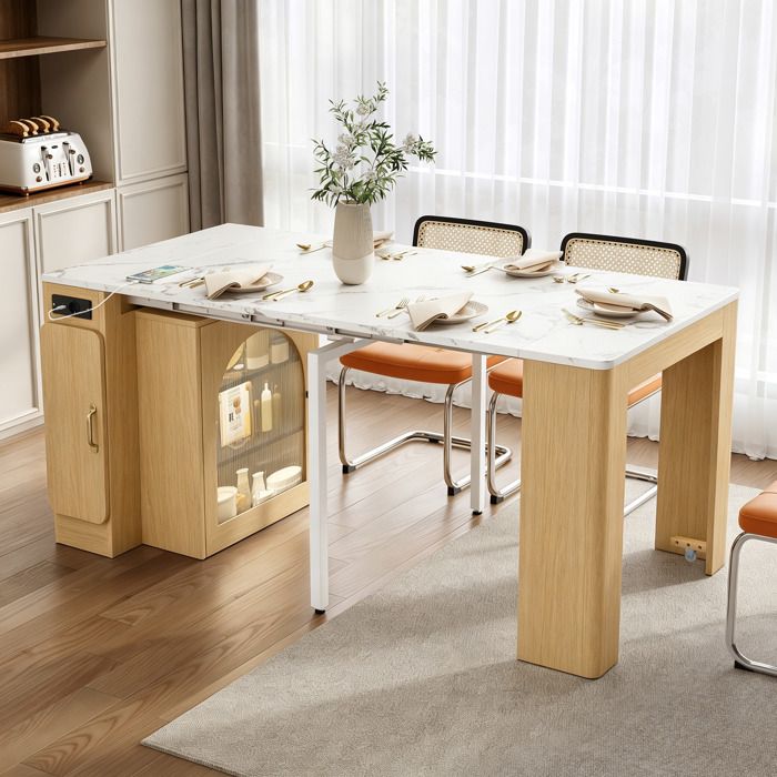 Table à manger extensible avec rangement prise électrique éclairage LED port USB en MDF 83 x 396 x 77 cm Naturel