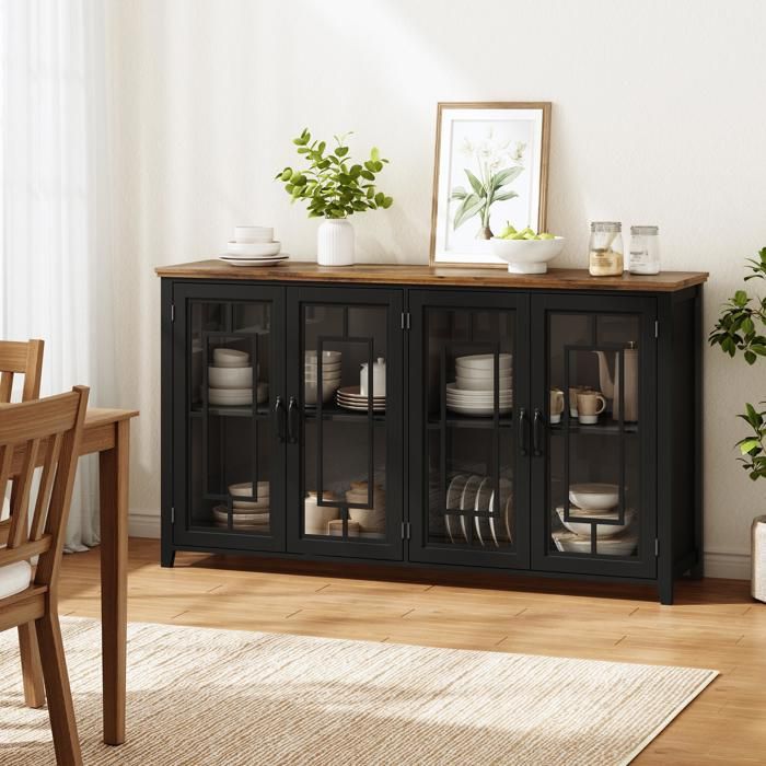 Buffet de cuisine 160x40x86 cm meuble de rangement avec portes vitrées grand compartiment plan de travail aspect bois MDFNoir