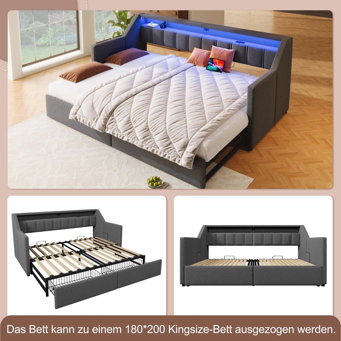 Lit banquette convertible 90x200 cm gris avec LED USB-C 2 tiroirs poches rangement et lit gigogne sans matelas