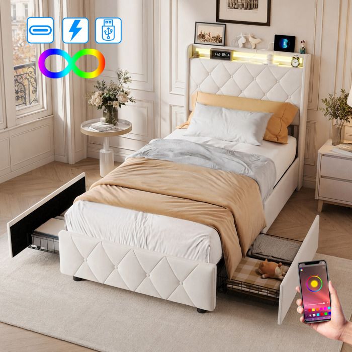 Lit simple rembourré 90x200 cm -SORVAGLOS- Lit adulte avec LED et 2 tiroirs -Ports USB - Tête de lit avec rangement -Velours -beige