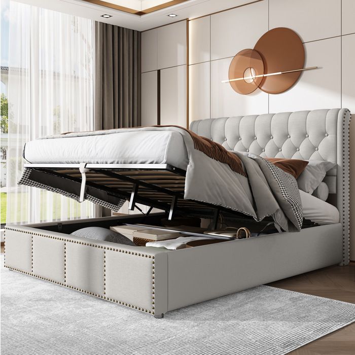 Lit coffre 140 x 200 cm - sommier a lattes inclus - tete capitonnee - gris - sans matelas