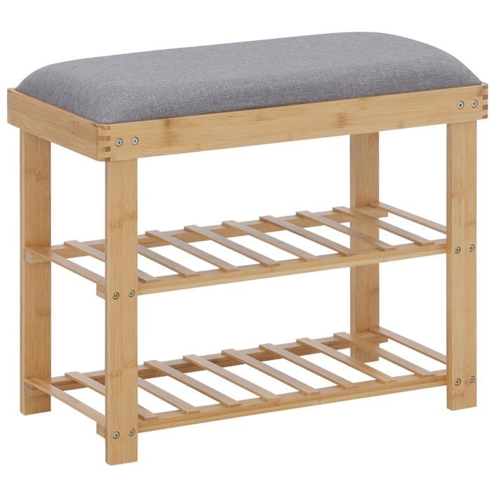 Bancs à chaussures - HELLOSHOP26 - 60 x 29 x 50 cm - Assise rembourrée - 2 étagères - Bois de bambou