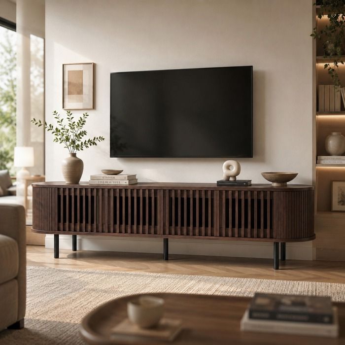 Meuble TV salon 4 Portes ajourées Meuble de salon Style Naturel 178x39.5x49.5cm Noyer