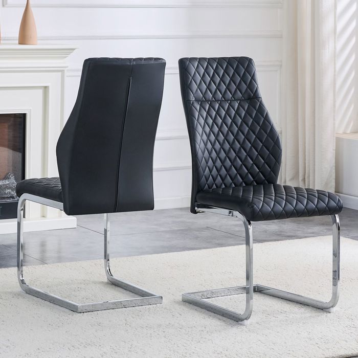 Lot de 2 Chaises de Salle à Manger motif losange noir dossier haut cadre métal argenté antidérapant coussin d’assise confortable