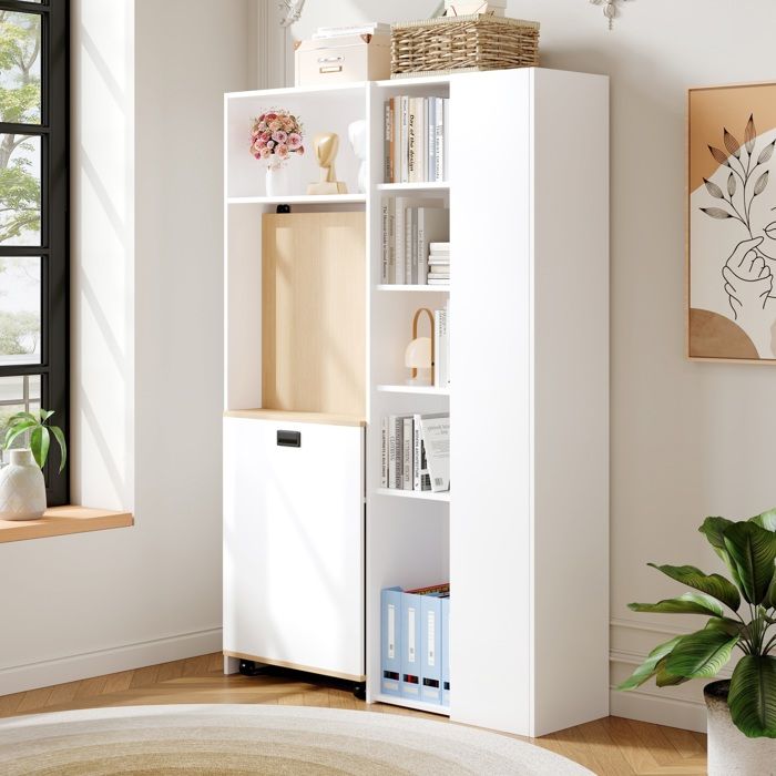 Bureau secrétaire pliant 2-en-1 avec étagères prise EU ports USB anti-basculement MDF blanc effet bois JOINERY