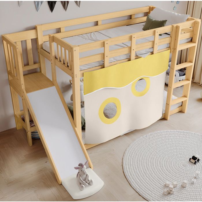Lit surélevé enfant AESVAR 90 x 200 cm avec toboggan échelle rideau et barrières bois naturel