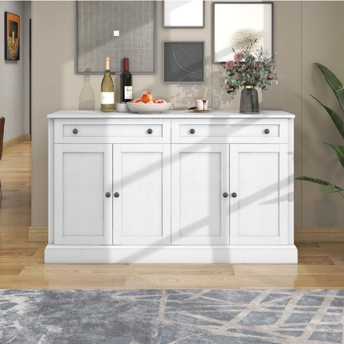 ROVRYN Buffet bas 150 x 40 x 86 cm 4 portes 2 tiroirs style moderne rétro blanc antique plateau MDF
