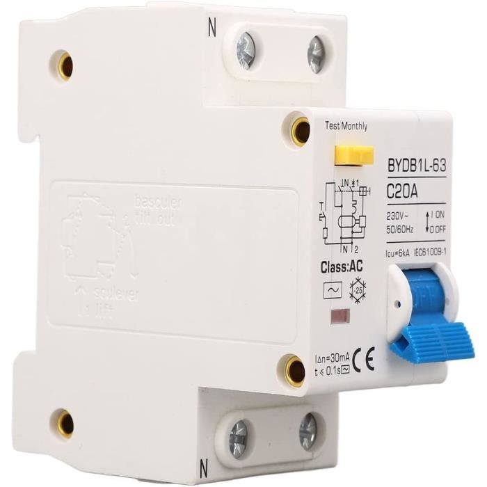 Disjoncteur Différentiel 1P+N 10A 30mA AC - BYDB1L-63 Pour Tableau électrique Sur Rail DIN - 10