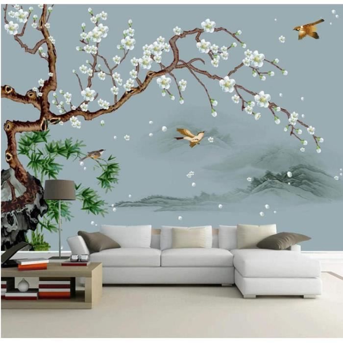 Papier peint mural 3D motif fleurs blanches, papier peint autocollant motif  branche d'arbre, grand papier peint mural, autocollant mural amovible, pour  salon, chambre à coucher, arrière-plan TV, 350 x 243 cm (l x