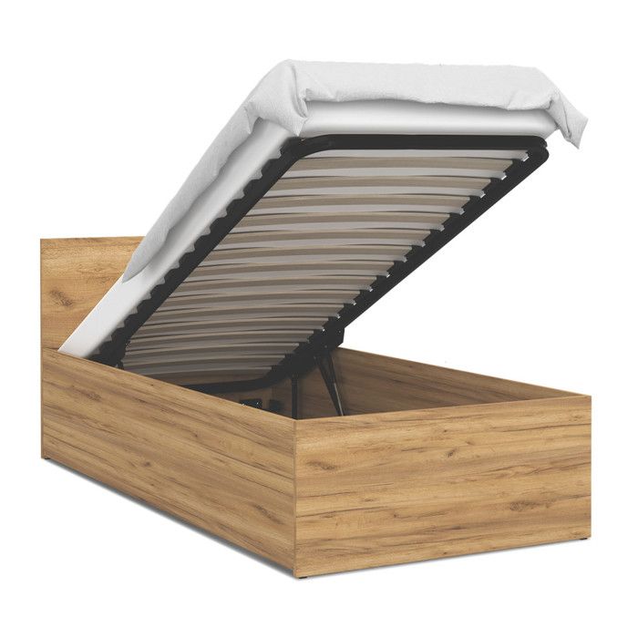 Lit coffre 90 x 200 cm avec sommier à lattes relevable et rangement intégré - Chêne - Modèle PARIS