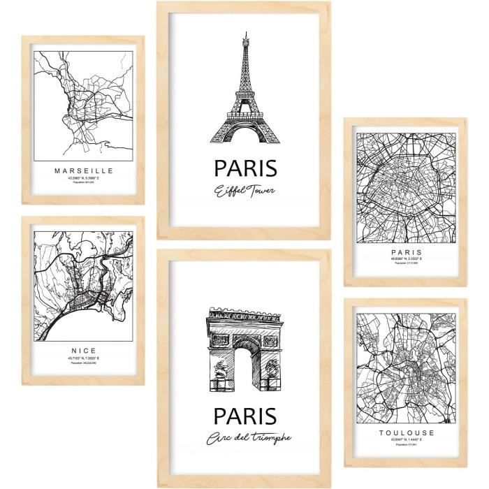 Set De 6 Posters Asie - Cartes Et Monuments En Noir Et Blanc, Formats A4 Et A3