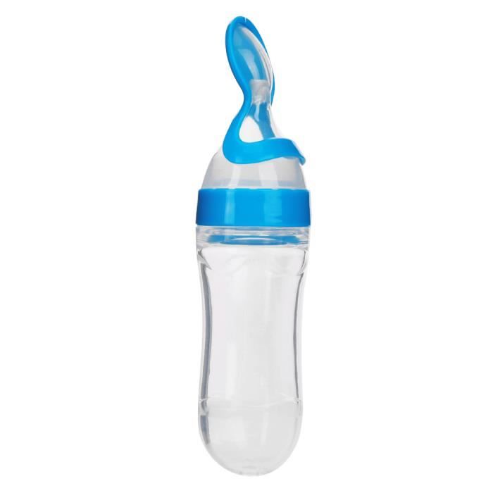Biberon 90 ml en silicone pour bébé tout-petit avec cuillère mangeoire à céréales pour aliments frais (bleu) -NIM