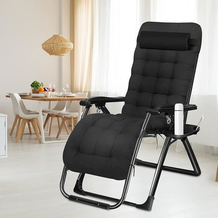 Chaise Longue De Jardin Pliable Avec Coussin - Dossier Réglable 90-170°, Porte-gobelet, Charge Max 150 Kg - Noir/gris, Idéale Balcon Et Extérieur