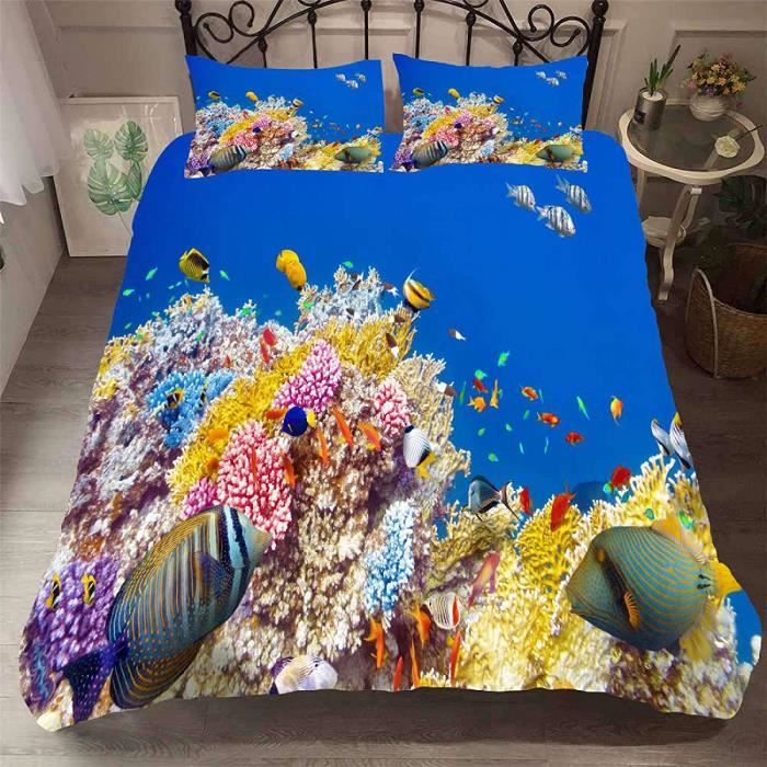 Housse de Couette 200x200cm Fonds Marins Corail Animaux Poissons