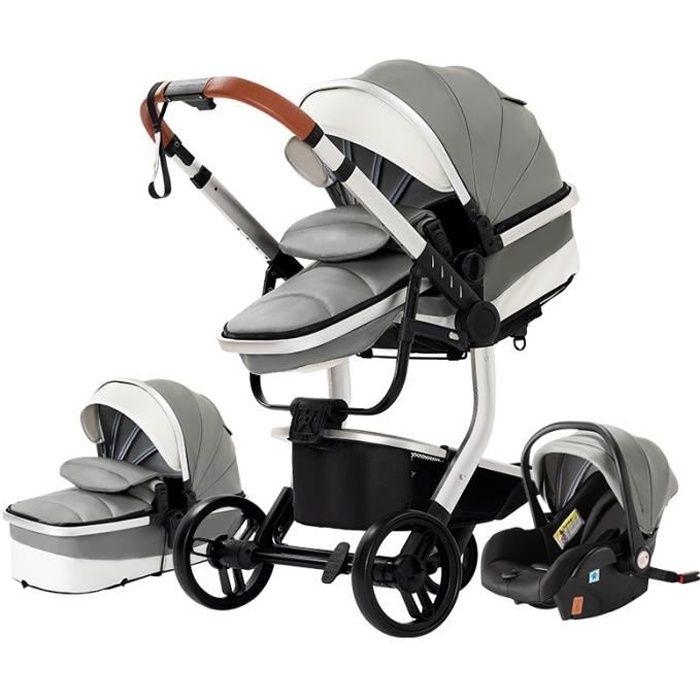 BAZARLAND30 Poussette 3 en 1 Bébé Combinée Siège-Auto Nacelle Trio Réversible cuir pu Roues increvables Canne.gris