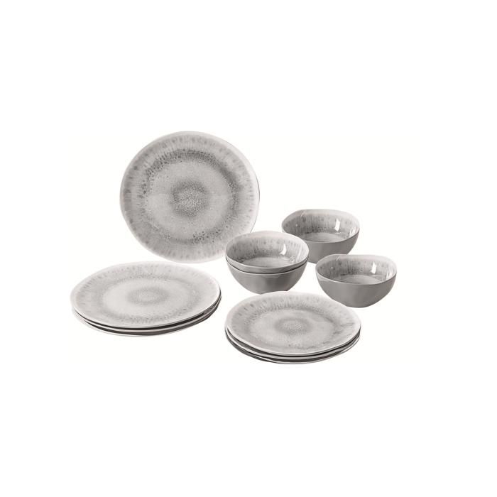 Service De Vaisselle Mélamine 12 Pièces - Style Ferme Rustique - Assiettes Et Bols Gris Chaud