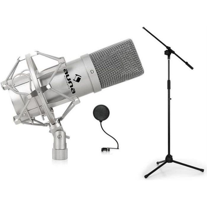- noir micro en métal, filtre 12,5cm Ø, hauteur pied 90-157cm pied de micro et filtre anti-pop micro XLR Auna CM001B Pack chant et voix pour podcasts ou enregistrement studio
