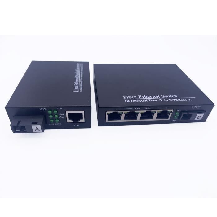 Elfcam® - Lot de 2 Convertisseur Fibre Ethernet sur Fibre Optique SC Monomode, Mode adaptatif 10-100-1000Mbps (4 Port RJ45)