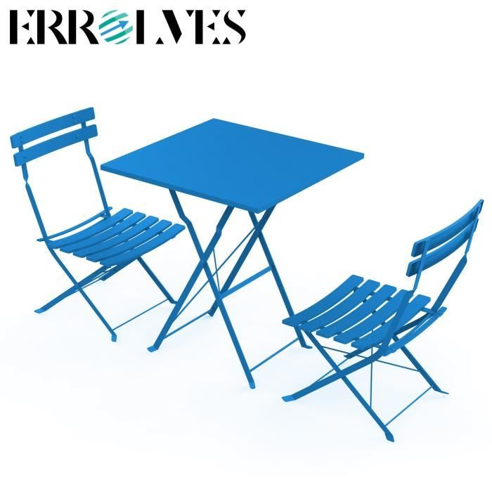 ERROLVES® Blue-Table carrée 55 x 55cm avec 2 chaises pliantes/chaises de jardin
