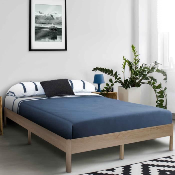 idmarket cadre de lit double yakuta avec sommier 140x190cm effet bois naturel