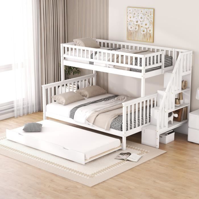 lit superposés pour enfant - 90 x 200 cm + 140 x 200 cm - bois en pin - rangement