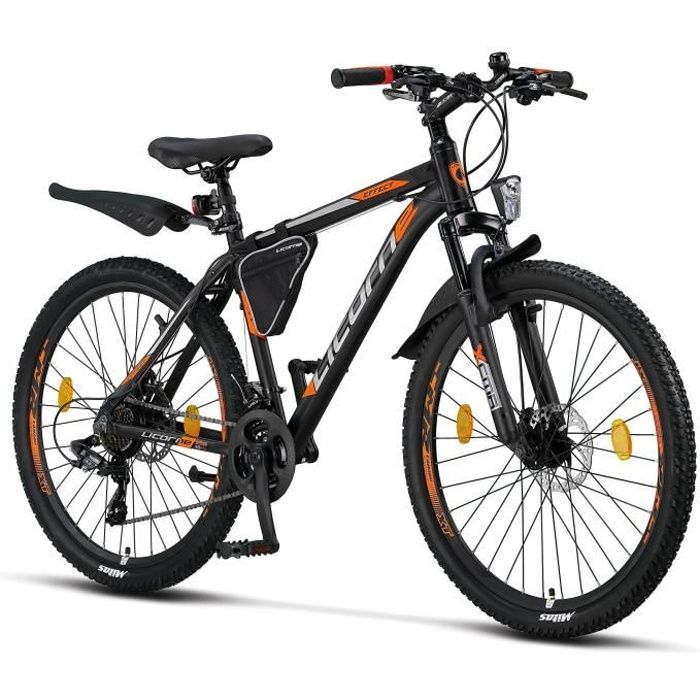 Licorne Bike Vélo VTT haut de gamme. (2 freins à disque) [26.00, Noir/Orange (2xFrein à disque)]