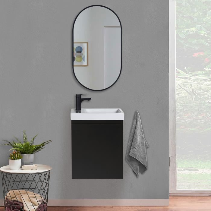Ensemble meubles lave-mains LISA noir carbone + miroir ovale + robinet Noir 22 cm