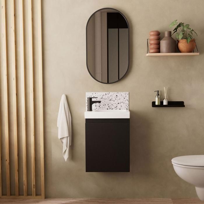 Ensemble meubles lave-mains LISA noir carbone + miroir ovale + robinet Noir 22 cm