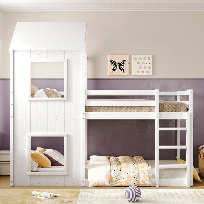 Lit superposé enfant 90x200 cm avec échelle, toit et protection antichute,  lit mezzanine en pin massif pour deux enfants, Gris - Cdiscount Maison