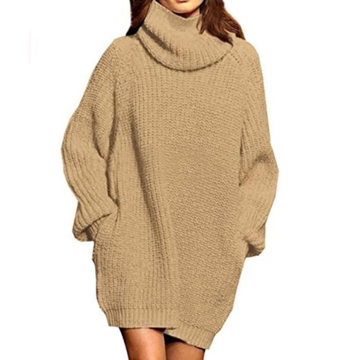 Dioche Robe pull a col roule Robe Pull a Manches Longues a Col Roule pour Femmes Mini Robe Ample Oversize en Tricot lingerie robe Khaki Cdiscount Pret a Porter