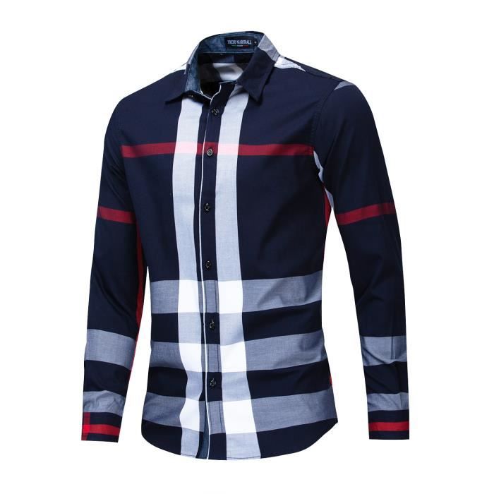 hommes treillis chemises manches longues slim fit mode pour casual blouse tops bleu