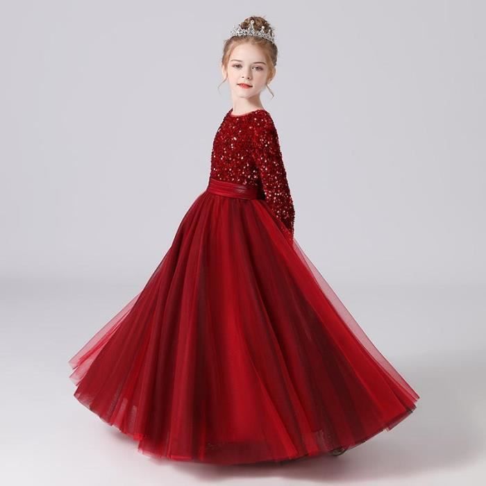 Robe de Soirée à Paillettes Fille Manches Longues Robe Longue Princesse en  Tulle Couleur Unie 2-10 Ans Bordeaux - Cdiscount Prêt-à-Porter